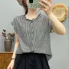 Camisa sem mangas de gaze de algodão dupla camada com gola de babados e estampa xadrez para mulheres, estilo artístico vintage de verão, top 100% algodão macio e amigo da pele