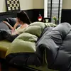 Conjunto de Cama de Luxo Inverno Cor Sólida Veludo Leite Quente Peças Quatro, Capa de Edredom de Flanela Grossa Dupla Face, Lençol de Cama, Roupa de Cama