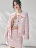 Shengdu26 Otoño Nuevo Estilo Francés Elegante Rosa Floral Lentejuela Tweed Falda y Chaqueta Conjunto