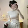 Camiseta de manga larga para mujer, base cálida de terciopelo con hilo, cuello semi-alto, ajustada, con temperamento, otoño e invierno, venta al por mayor transfronteriza