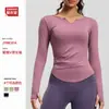 Roupas de Yoga Europeias e Americanas Transfronteiriças Decote V Manga Longa Cor Nude Cintura Franzida Emagrecedoras Justas Tops Esportivos Fitness