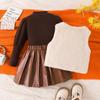 Conjunto de Otoño para Chicas Europeas y Americanas Transfronterizo de Shein: Conjunto de Tres Piezas: Chaleco de Piel con Lazo, Falda Larga de Cuero PU de Manga Larga