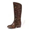 Botas de Tacón Grueso Estilo Occidental con Estampado de Leopardo Hasta la Rodilla para Mujer, Botas de Montura de Caña Alta para Otoño e Invierno