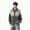 Casaco Suéter de Lapela com Botão de Chifre Fair Isle Masculino Feminino Design de Inverno Bloco de Cores Cardigã Jaqueta de Tricô Espessa