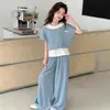 Conjunto de Verano de Manga Corta para Niña 2026 Nuevo Estilo Conjunto de Verano para Niña Grande Conjunto de Dos Piezas con Top Falso de Dos Piezas y Pantalones de Pierna Ancha