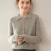 Cárdigan de cachemira con cuello de polo para mujer, punto acanalado de cachemira de cabra de color liso, elegante y versátil, chaqueta de punto de lana adelgazante