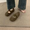 Sapatos Mary Jane peludos com laço de uma tira e brisa suave para mulheres, para outono e inverno, além de sapatos de veludo e algodão com salto alto