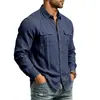 Website independente transfronteiriço: Camisa masculina de linho lisa para outono com colarinho mandarim, estilo casual de trabalho, com bolsos e design de abertura total frontal