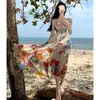 Pausa para o Chá Estilo Francês Desejo Puro Vestido de Férias Colorido Floral Sem Alças Cintura Alta Boêmio Longo Litoral