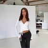 Moda Femenina Transfronteriza Tops de Verano Color Sólido Ribete de Encaje Cuello en V Profundo Manga Larga Cintura Ajustada Camiseta 2025