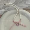 Corrente Clavicular Francesa, Colar de Pérolas com Laço de Coração Rosa Doce, Design de Nicho Feminino, Colar Doce Desejo Puro