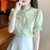 Camisa de Algodão Puro Bordada com Gola Baby Doll para Mulheres, Elegante 100% Algodão Moda Verão 2026 Top Solto e Fresco