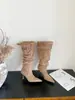 [] Botas de tacón alto apiladas de mezclilla arrugada con punta para mujer, hebilla, tacones altos finos, botas largas europeas y americanas