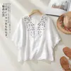 Nueva camisa de punto de tres dimensiones de alta resistencia estilo vintage para mujer de Jiangkemei, elegante jersey de cuello en V, blusa de algodón y lino