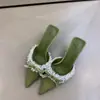 Zapatos de Tacón Alto de Lunares Estilo Francés para Mujer, Mocasines Stiletto de Punta Aguda con Lazo de Encaje y Terciopelo Verde Primavera 2026