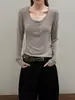 Yuanxi-2026 Outono Minimalista Básico Versátil Emagrecedor Gola U Manga Longa Camiseta para Mulheres 268464