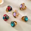 Anillo de Acero Inoxidable con Piedra de Vidrio Incrustada y Esmalte Vintage, Anillo para Dedo Índice de Bloques de Color Lujosos y Hermosos