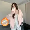 Moletom com capuz 133 para mulheres, novo estilo outono, peça externa versátil, corte solto e relaxado estilo coreano, cardigã forrado com fleece para outono e inverno