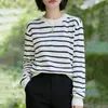 26 Verano Nuevo Estilo Seda de Hielo Rayado Cuello Redondo Delgado Bloque de Color Manga Larga Versátil Moderno Holgado Casual Top de Punto para Mujer