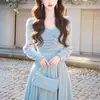 Vestido de terciopelo francés estilo Chanel 2024 Invierno Nuevo Lujo Ligero de Alta Gama Familia Rica Azul Dorado Vestido Largo para Mujer