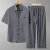 Roupa de Verão para Homens de Meia-idade Roupa de Verão para Pai Conjunto de Manga Curta 50-60 Anos Meia-idade e Idosos Vovô Calças Longas Roupas Conjunto de Duas Peças