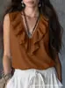 2026 Verano Europeo y Americano Transfronterizo Amazon Nuevo Top de Moda Elegante de Color Sólido sin Mangas con Cuello en V y Volantes