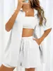 Punto Cruzado Aliexpress Moda Pantalones Cortos Traje de Camisa de Color Puro de Dos Piezas para Mujer Casual Holgado de Manga Corta Fila Única