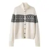 Cárdigan de cachemira jacquard Fair Isle vintage, cárdigan grueso de otoño e invierno para mujer, suéter de punto de cuello alto, abrigo cálido engrosado