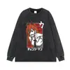 Camiseta vintage desgastada con estampado de anime, corte holgado, talla grande, top de manga corta con estampado de anime hip-hop urbano