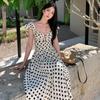 Vestido Estilo Resort Francês Manga Pequena Voadora Bolinhas para Mulheres Verão Cintura Plissada Slimming Comprimento Médio Saia da Moda