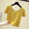 Top Camiseta de Malha Gola Quadrada Vazada Curta Verão Novo Estilo Coreano Slim-fit Manga Curta Camisa Básica Meia-manga Ins