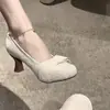 Sapatos Mary Jane Chuyuji de renda estilo francês com salto alto para mulheres, com laço, bico redondo, salto grosso, elegantes sapatos de salto único