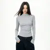 Blusa de Manga Raglan Cinza com Gola Alta Meia para Mulheres Outono/Inverno Nova Estilo Básico Cor Sólida Slim-Fit Versátil