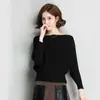 Blusa Feminina com Manga Morcego, Nova Moda Outono Estilo Coreano Versátil Solta Manga Morcego Ombro a Ombro Tricô Camiseta