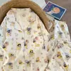 Pijama de Algodão Nuvem para Mulheres, Estilo Fino para Primavera e Outono, Cardigã com Lapela, Manga Longa, Conjunto Fofo de Homewear com Desenho Japonês de Menina