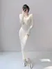 Vestido de punto básico largo estilo Hong Kong ajustado, elegante y suave, estilo coreano, estilo discoteca europeo y americano