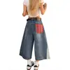 Calça Cropped Jeans Azul com Retalhos Xadrez Retrô Americana para Mulheres Verão Cintura Alta Solta Emagrecedora Reta