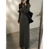 Estilo Nuevo de Otoño Elegante Estilo de Oficina Cuello Redondo Raya de Botones Cintura Ceñida Adelgazante Temperamento Vestido de Manga Larga Falda Larga Ropa para Mujer