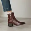 Suela Elevadora Silenciosa de 5 cm Que No Cansa Tus Pies~ Versátil para el Viaje Diario Punta Cuadrada Tacón Grueso Cuero Genuino Pulido Botines Cortos para Mujer Botas Martin