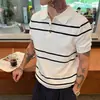 Camiseta Polo de Malha Listrada Color-Block Estilo Old Money de Fábrica Cor Clara Luxo Leve Manga Curta para o Dia a Dia High-End Macia Respirável Tendência de Verão