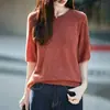 Blusa de tricô feminina gola redonda com fio floral de manga curta, camiseta de lã escovada multicolorida para o início do outono de manga curta/cinco quartos, top de camada interna