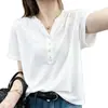Camiseta de Algodón Slub con Cuello en V de Manga Corta para Mujer, Verano, Corte Holgado, Adelgazante, Tallas Grandes, Moderna, Elegante, Blanca, Nuevo Estilo