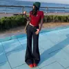 Jeans Oscuros de Tiro Bajo Estilo Americano Picante para Mujer, Jeans Lavados Acampanados de Pierna Ancha, Pantalones Casuales de Largo Hasta el Suelo
