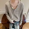 Camiseta de Manga Longa com Gola Henry Estilo Old Money para Homens, Moletom Preguiçoso e Relaxado de Outono, Camiseta Básica Tricotada Retro Americana