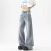 Jeans Azuis Lavados Estilo High Street Americano para Homens, Versátil Casual Wide-Leg para Primavera e Outono, Calças Wide-Leg Largas Soltas