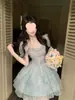 Vestido Transfronteiriço Redutor de Idade Feminino com Gola Halter, Renda, Flor Tridimensional, Brilho Fino, Atmosfera, Saia de Princesa Azul Nebulosa