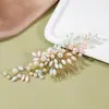 Peine de pelo dorado de estilo europeo transfronterizo para novia, tocado de pedrería y perlas, accesorios de boda al por mayor