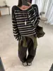 Suéter de Punto de Rayas Perezosas Estilo Coreano para Mujer Primavera y Otoño Nuevo Holgado Adelgazante Cuello Redondo Jersey Top Versátil Prendas de Abrigo