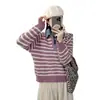Novo suéter de malha vintage listrado falso de duas peças para outono e inverno para mulheres, peça externa de malha casual solta e versátil