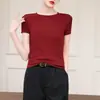 Camiseta Minimalista Canelada com Gola Redonda para Mulheres, 260g, Manga Curta, Simples, Corte Justo, Valoriza a Silhueta, Peça de Sobreposição, Gola Pequena, Camiseta Básica